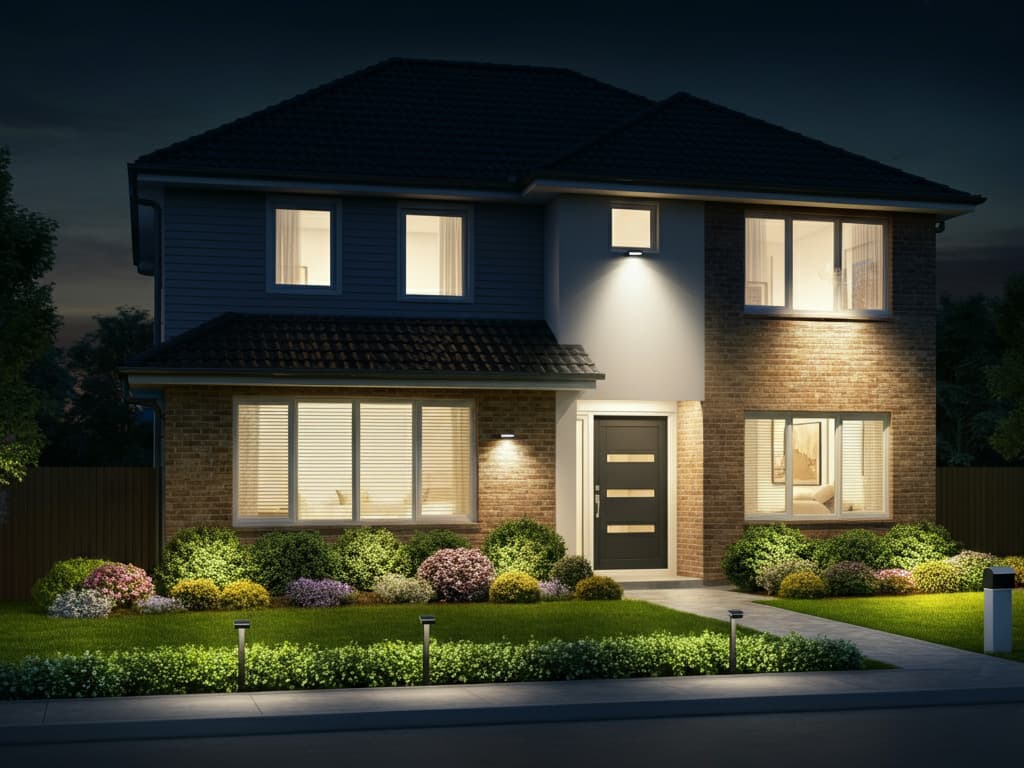 Home with modern security lighting